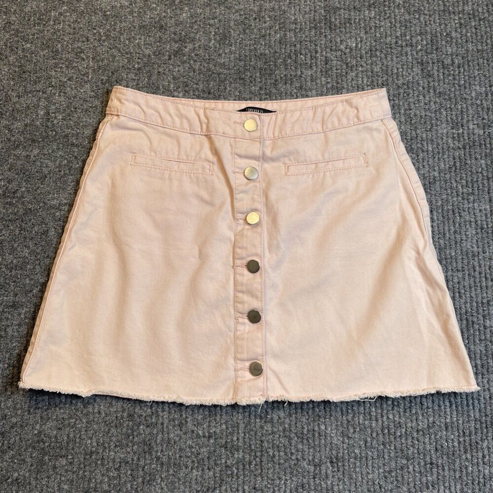 Forever 21 Button Up Jean Skirt Women Size Medium Frayed Denim PINK